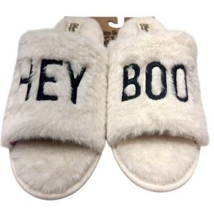 Dearfoams HEY BOO Halloween Slippers Womens XL 11-12 White Slip‎ On Memory Foam